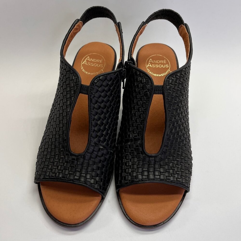 Andre Assous Belinda Wedges Size 8.5 Black Woven Slingback Peep Toe Heels - Picture 2 of 16